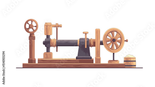 A digital illustration depicting a stylized vintage woodworking machine. The illustration is rendered in a cartoon or vector style, featuring a predominantly warm color palette with browns and tans