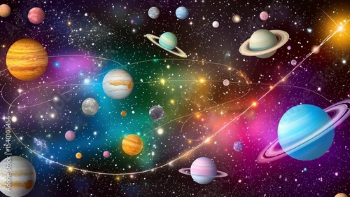 Colorful Cosmic Scene with Planets, Stars, and Nebulae in a Vibrant Galaxy Background