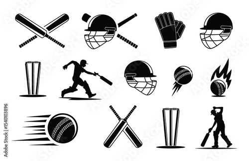Cricket Silhouette Bundle with Bat, Ball, Stumps, and Player SVG

