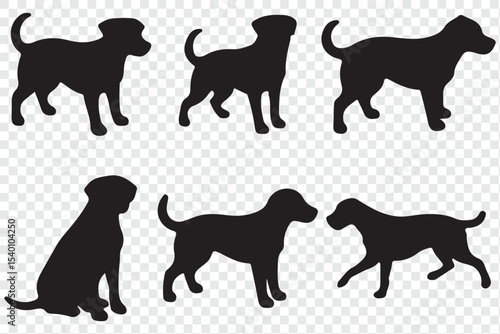 Dogs in different poses, both sitting and standing, created in silhouette style. 