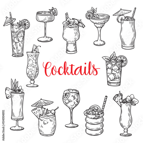 Line drawing illustration of cocktail drinks. Engraving collection. Black hand drawing set of cocktail drinks in vintage style isolated on white background.