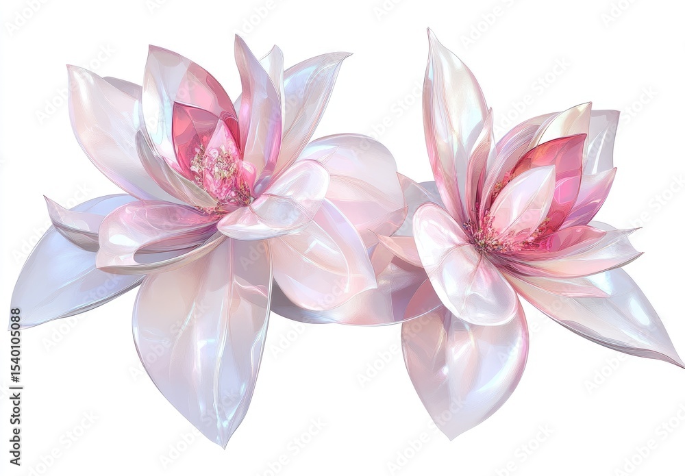 Fototapeta premium Two surreal, 3D magnolia blossoms, iridescent, pastel