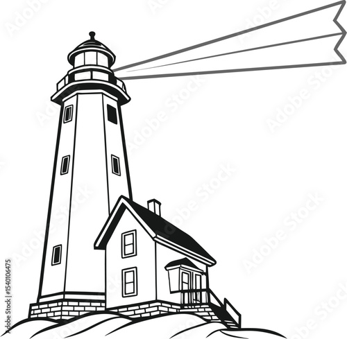 White lighthouse tower on a coastal landscape with sky and sea