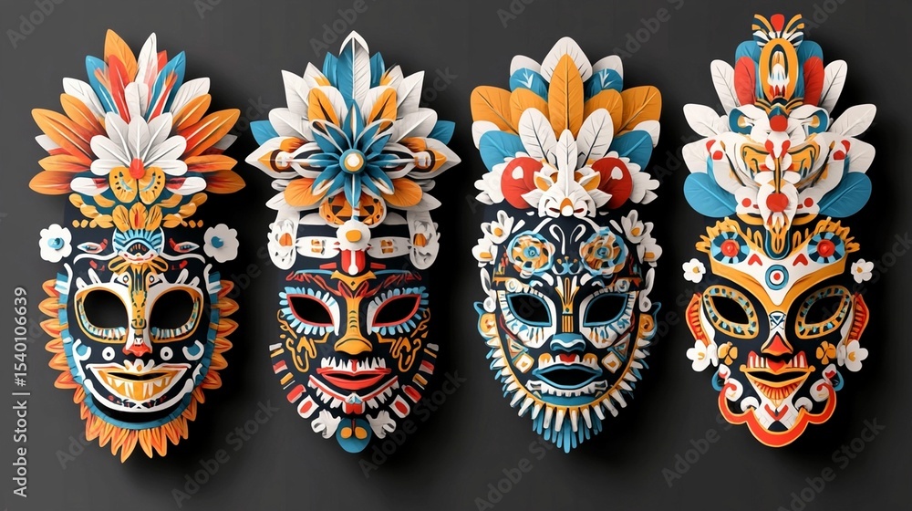 Naklejka premium Vibrant Tribal Masks: Colorful Paper Art