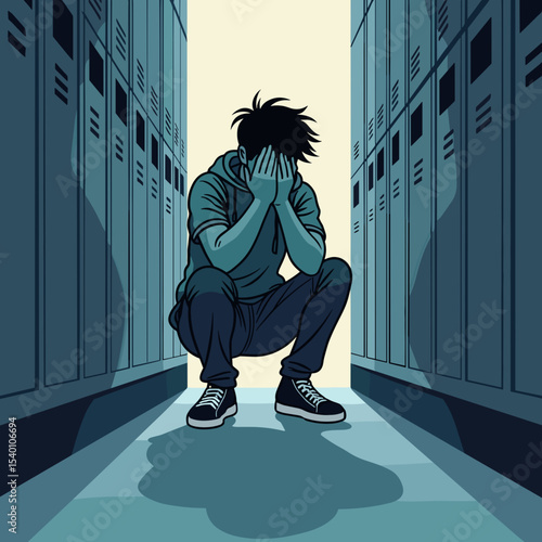 Teenage boy sitting in school hallway covering face with hands  