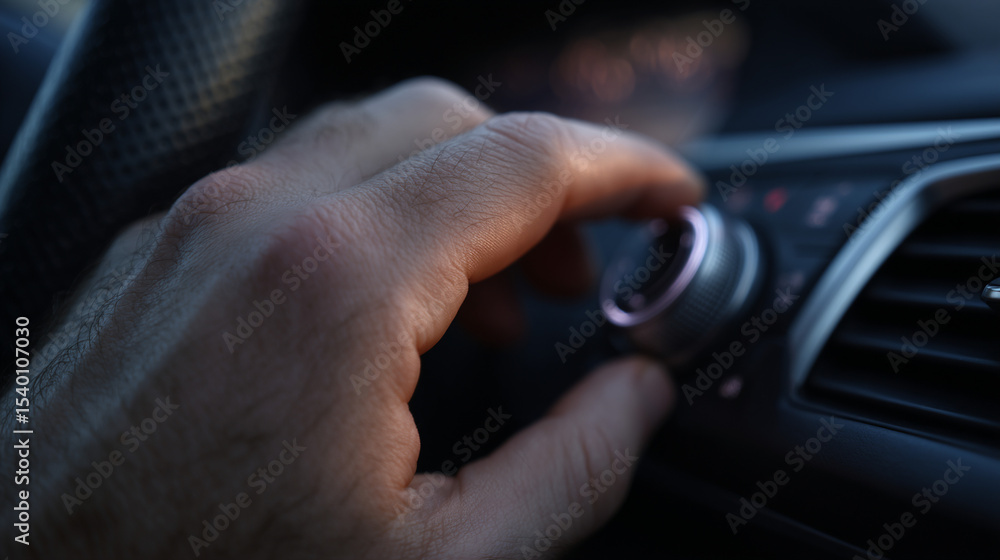 Close up of a mans hand turning up volume in car. Close up of a mans hand turning up volume in car.