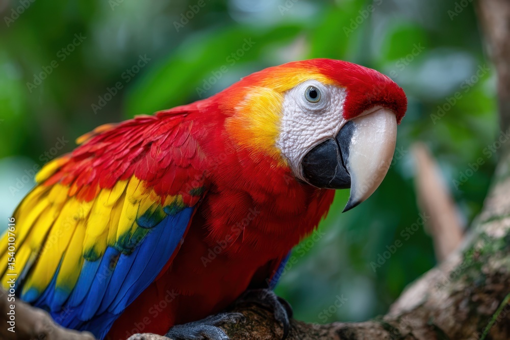 Obraz premium Colorful macaw perched on a branch in a lush tropical environment during daylight hours