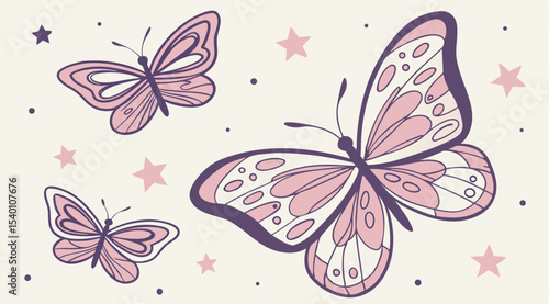 Seamless Pink Butterfly Pattern with Stars – Pastel Vector Background