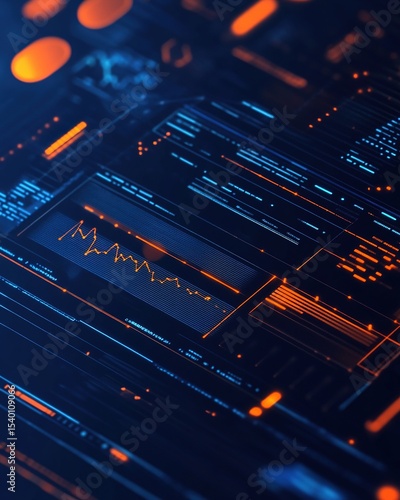 Abstract digital marketing concept with futuristic UI elements showing dynamic data visualization in blue and orange gradients.