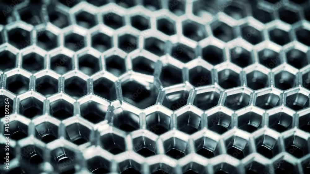 Close up view of a metallic honeycomb structure with hexagonal cells and reflective surfaces Close up view of a metallic honeycomb structure with hexagonal cells and reflective surfaces