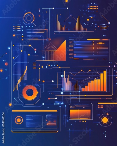 Abstract digital marketing concept with futuristic UI elements showing dynamic data visualization in blue and orange gradients.