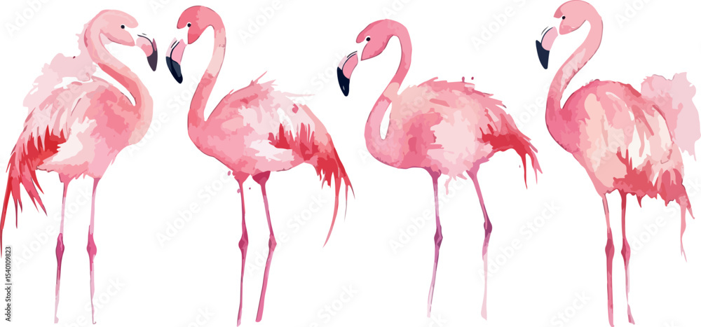 Obraz premium Watercolor Illustration of Four Pink Flamingos Standing Together Perfect for Summer Designs Tropical Themes and Artistic Projects with a Touch of Elegance and Whimsy