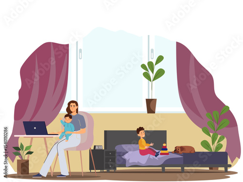 Mother working remotely on laptop while sitting with child in cozy living room interior with large window, curtains, and plant. Vector illustration.