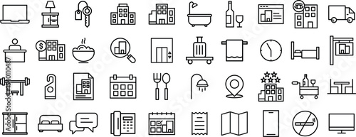 Hotel and Hospitality Line Icons set – Booking, Amenities, Room Service, and Travel Accommodation Symbols