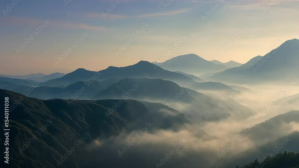 Misty Mountain Ranges at Sunrise: A Breathtaking Panorama of Serene Peaks Misty Mountain Ranges at Sunrise: A Breathtaking Panorama of Serene Peaks
