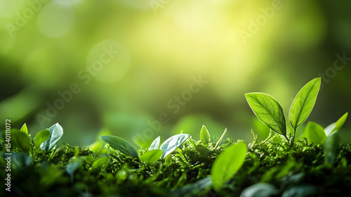 Young sprouts growing on moss with soft sunlight