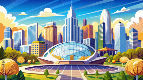 Sunny view of downtown Chicago with iconic skyscrapers rising above a Millennium park Very beautiful