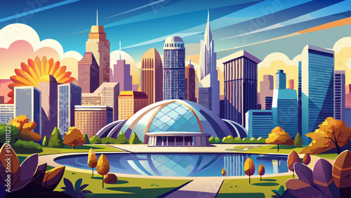 Sunny view of downtown Chicago with iconic skyscrapers rising above a Millennium park Very beautiful