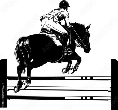 female horse rider silhouette jumping show  from back view 