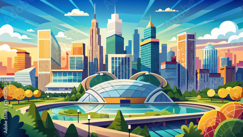 Sunny view of downtown Chicago with iconic skyscrapers rising above a Millennium park Very beautiful