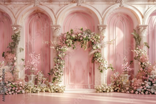 Detailed Color Picture of Elegant Wedding Scene Pink Vintage Backdrop with Arched Doorways