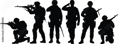 Silhouette of soldiers in various poses against a white background