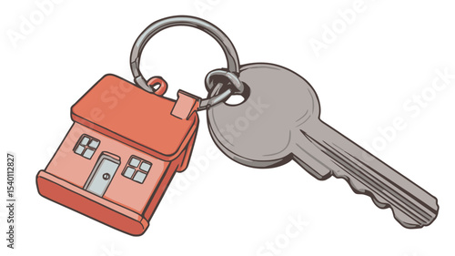 A digital illustration of a house-shaped keychain attached to a silver key. The house is depicted in a simplified, cartoonish style, with an orange roof and pink walls. The key is rendered in a