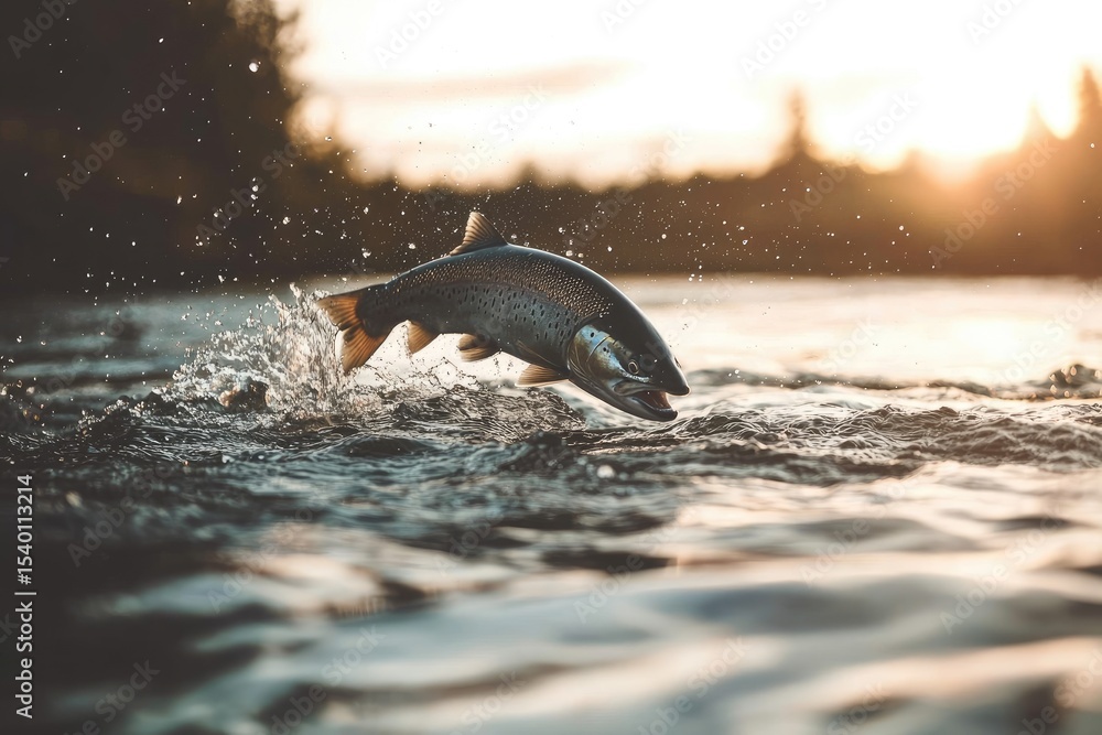 Obraz premium Salmon leaping in sunset river