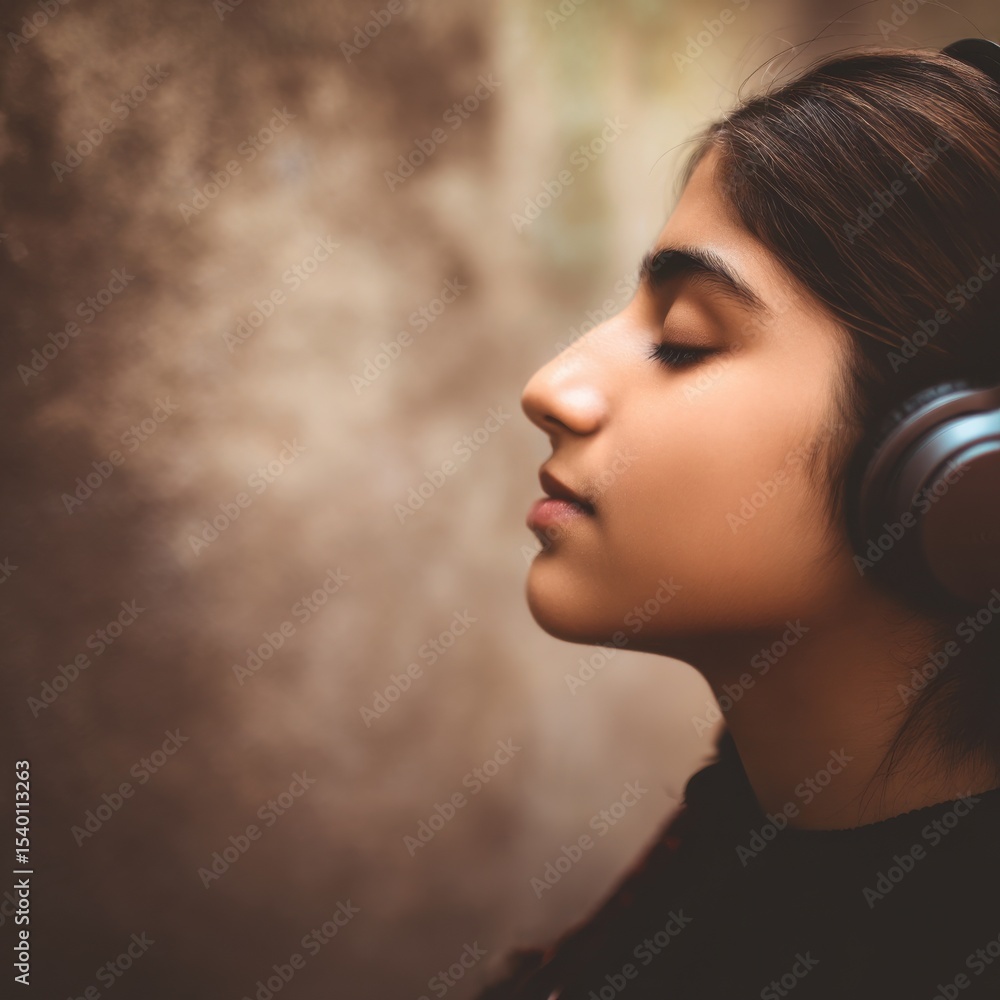 Fototapeta premium A girl wearing headphones is looking at the camera