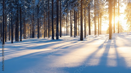 Fototapeta Naklejka Na Ścianę i Meble -  Serene winter landscape showcasing sunlit snow-covered forest at dawn with long shadows