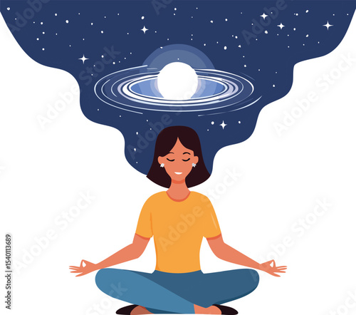 A person sitting cross-legged in meditation, with a cosmic galaxy slowly expanding from the top of their head. Minimalist vector, white background