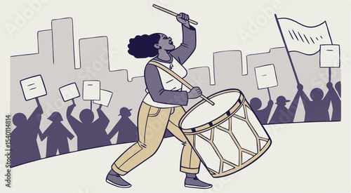 Empowered Woman Drumming at Protest Rally – Activism and Solidarity Illustration