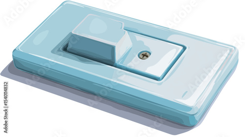 A close-up, high-angle studio shot of a light blue rectangular toggle switch against a white background. The switch is made of a smooth, matte plastic material. 