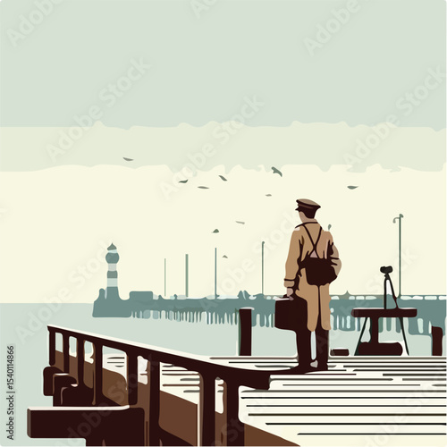 image of a man on the pier with a simple and minimalist flat design using a white background