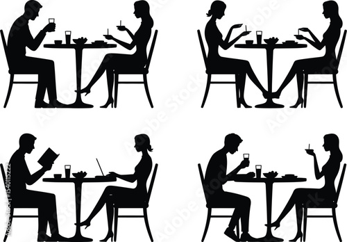 Silhouettes of people at tables dining and working in various poses