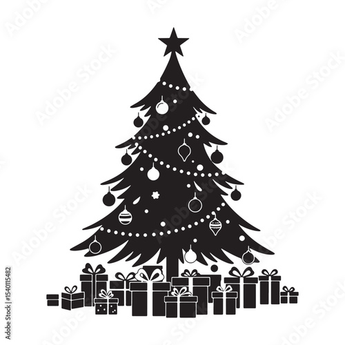 Christmas Tree Silhouette Vector Illustration with Gift Boxes and Star Decoration. Christmas tree png.