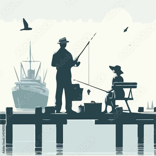 image of a man and woman fishing on a pier with a simple and minimalist flat design using a white background