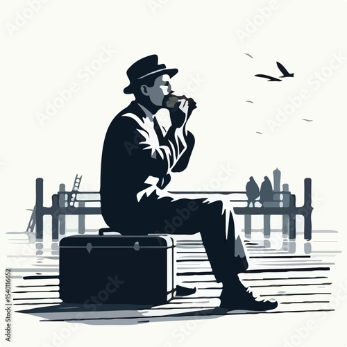image of a man playing the harmonica on the pier with a simple and minimalist flat design using a white background