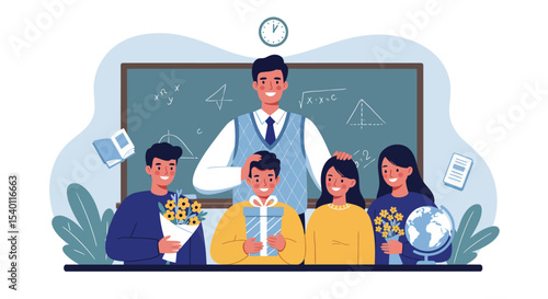 Vector illustration portrait of students giving gift to male teacher