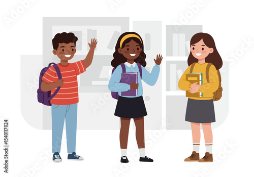 Cartoon vector illustration of smiling student greeting their friends