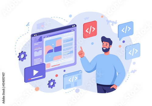Male software engineer explains system coding, vector illustration