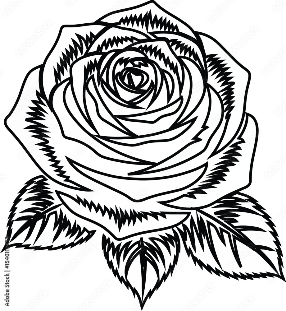 Monochrome rose illustration with leaves on a black background art Monochrome rose illustration with leaves on a black background art