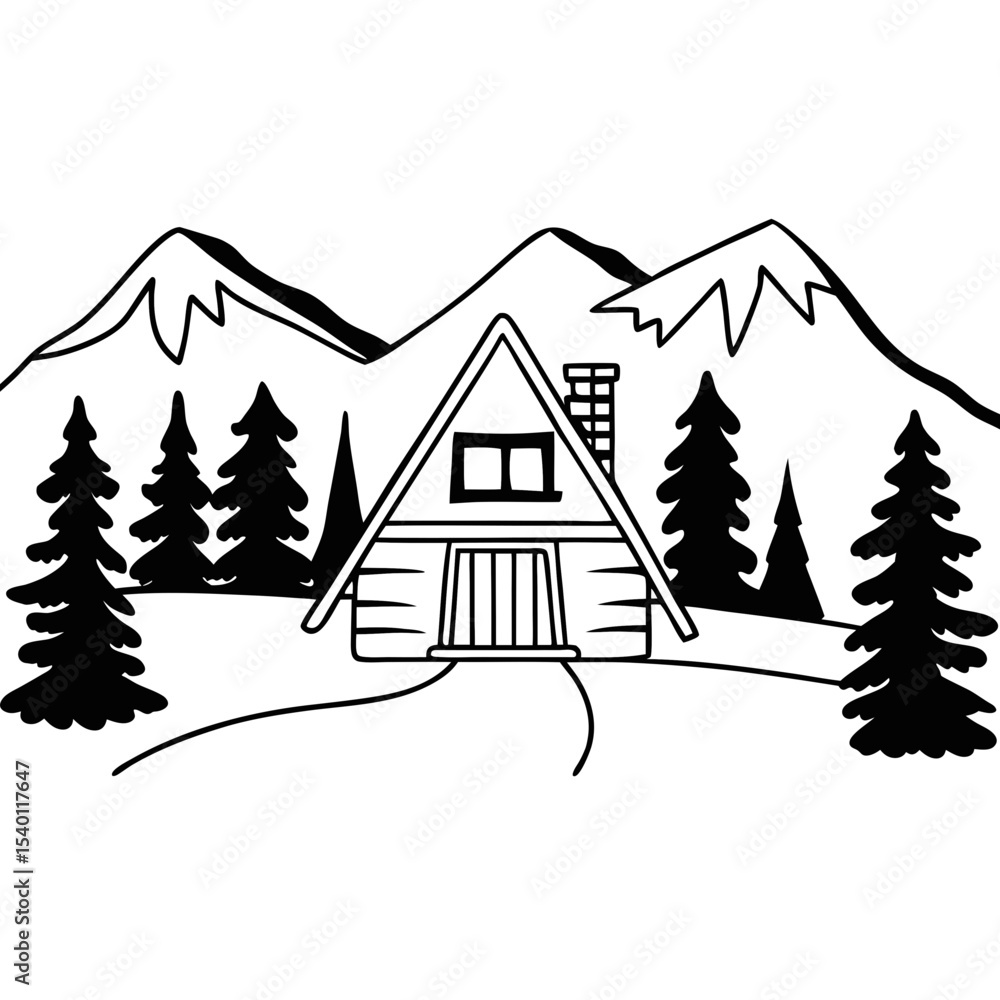 Obraz premium Cabin in the Mountains Vector Illustration Landscape Design