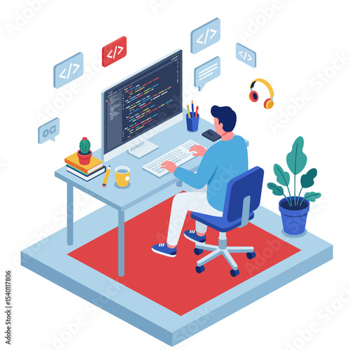 Vector isometric illustration of a software engineer at work