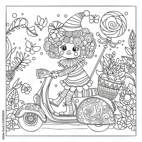 Clown girl riding a scooter. Coloring page for kids and adults. Illustration for coloring.