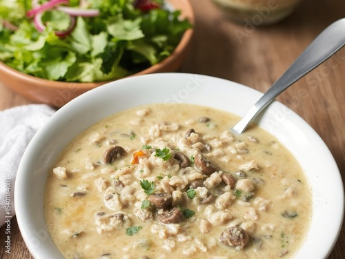 Close up of a bowl of creamy mushroom soup with a spoon and a salad in the background on a table