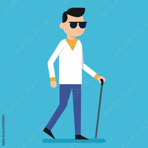 Flat vector of a blind man with cane walking confidently, wearing casual clothes and sunglasses, diverse character design