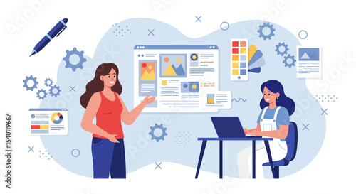 A female graphic designer giving a lesson to her private student, vector illustrations