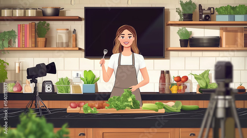 Cartoon Woman Recording Cooking Video in Kitchen