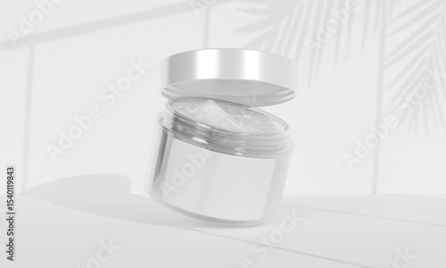 white minimal cosmetic cream jar mockup with leaf shadow on white background